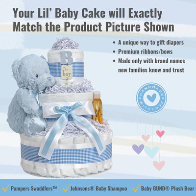 Baibi Wise Lil' Baby Cakes Boy Blue Diaper Cake - Makes a Beautiful Baby Gift - Adorable and Practical Handmade Baby Gift with 42 Swaddler Diapers Size 1-10 in x 12 in