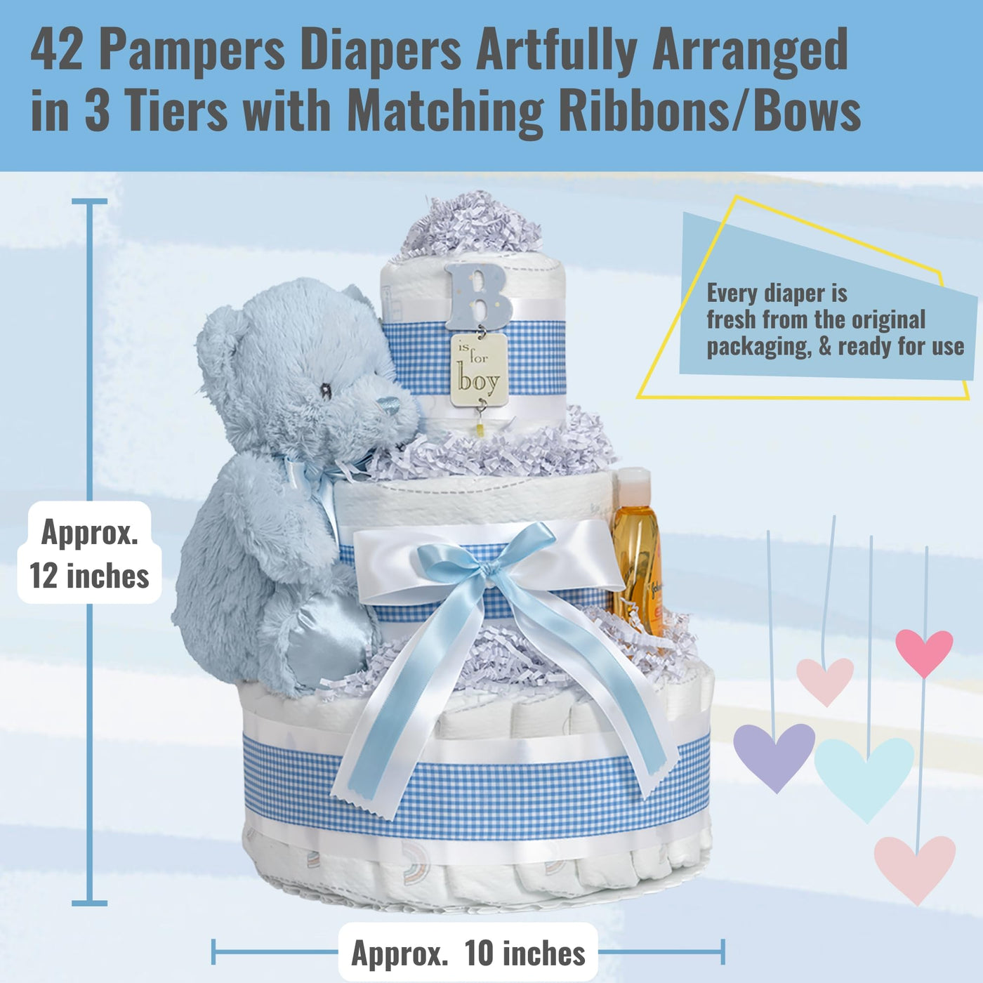 Baibi Wise Lil' Baby Cakes Boy Blue Diaper Cake - Makes a Beautiful Baby Gift - Adorable and Practical Handmade Baby Gift with 42 Swaddler Diapers Size 1-10 in x 12 in