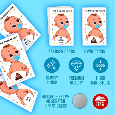 Baibi Wise Baby Shower Boy Scratch Off Poop Game, Easy to Play Silly Games, Funny Idea, Ice Breaker Activity. Raffle Cards, Blue Pacifier, Set of 40 Cards Made in USA