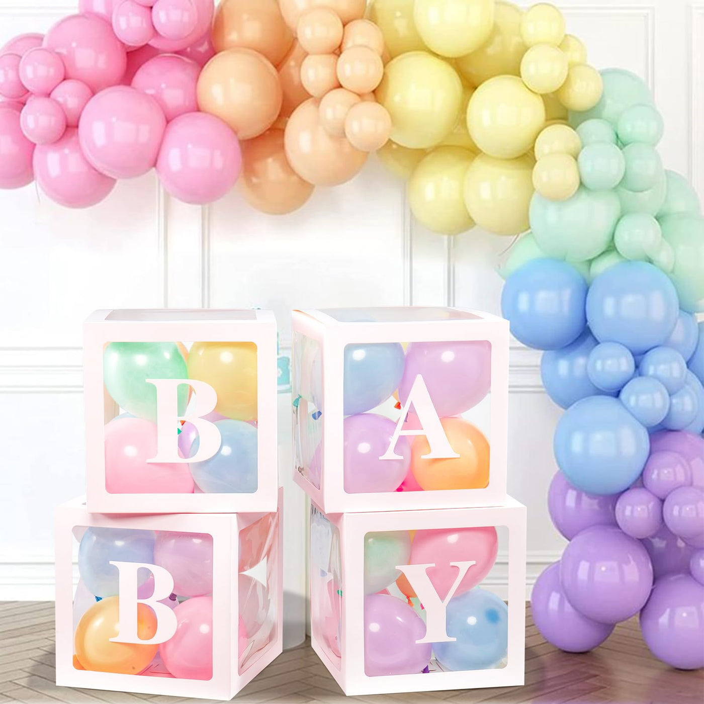 Baibi Wise Baby Boxes with Letters, 4 Transparent Balloon for Gender Reveal Birthday Wedding Baby Shower Decorations (White)