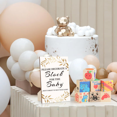 BAIBI WISE Baby Shower Game Sign Kit with 50 Blank Wooden Baby Blocks, 24 Acrylic Paint Marker and Wooden Baby Shower Sign, Baby Shower Game Set for Baby Shower Prize, Gender Reveals Party(Woodland)