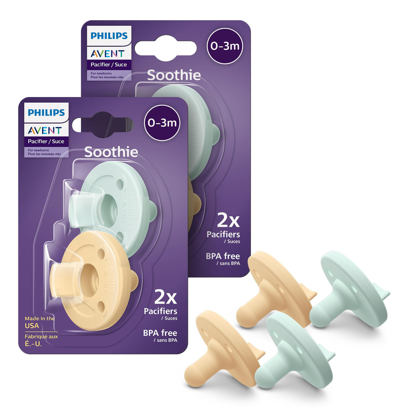 Baibi Wise Soothie 0-3 Months Orthodontic Baby Pacifiers, 100% Silicone Pacifiers, One Piece, BPA-Free, Green, 4 Pack, Model SCF190/41