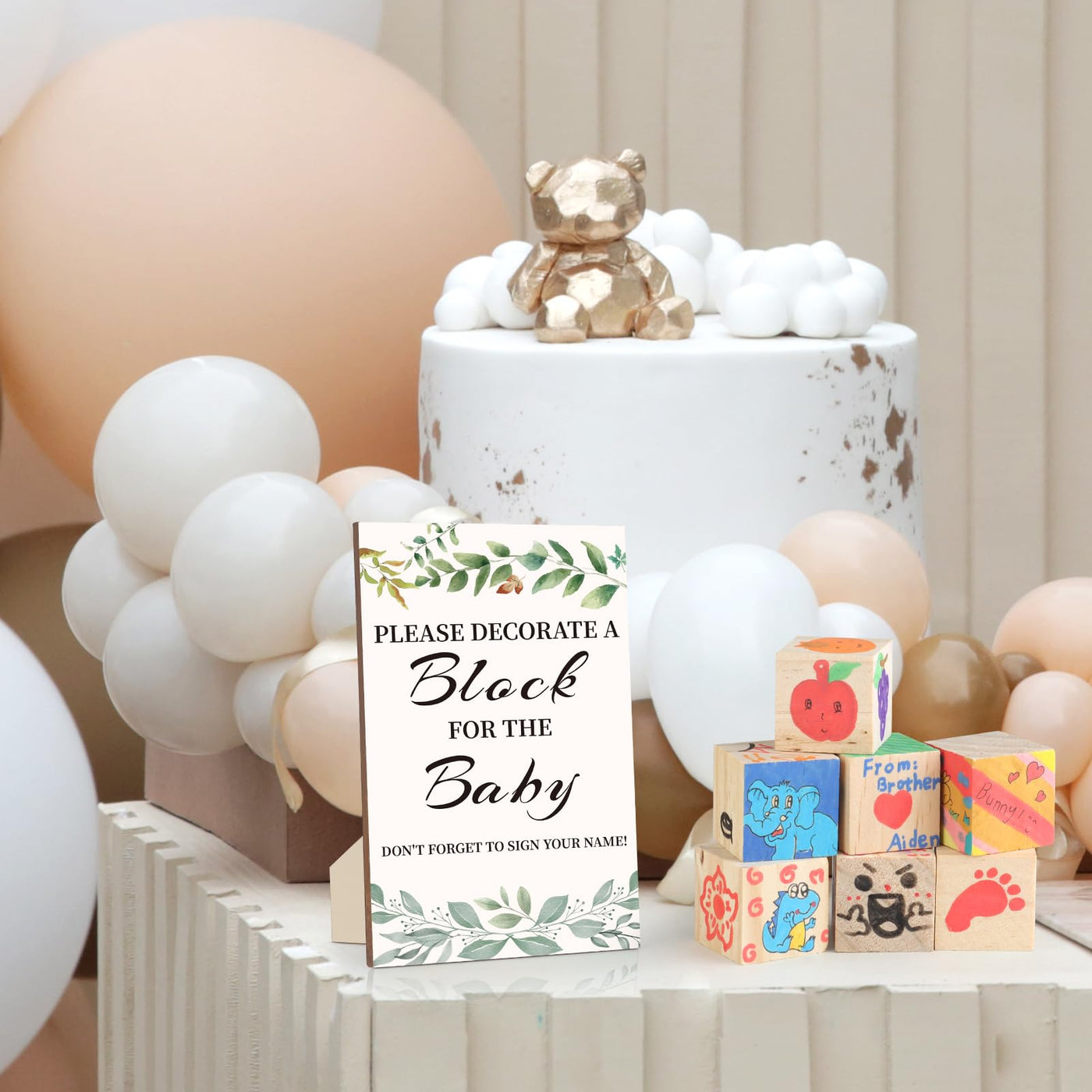 BAIBI WISE Baby Shower Game Sign Kit with 50 Blank Wooden Baby Blocks, 24 Acrylic Paint Marker and Wooden Baby Shower Sign, Baby Shower Game Set for Baby Shower Prize, Gender Reveals Party(Woodland)