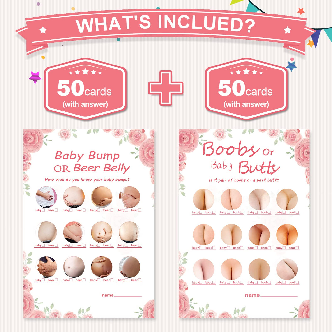 BAIBI WISE Baby Shower Games-2 Games(50 of Each),Double-Sided,Fun,Hilarious and Easy to Play,Baby Shower Gender Neutral,with Answer Keys