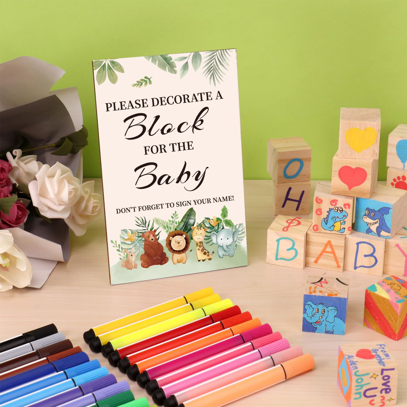 BAIBI WISE Baby Shower Game Sign Kit with 50 Blank Wooden Baby Blocks, 24 Acrylic Paint Marker and Wooden Baby Shower Sign, Baby Shower Game Set for Baby Shower Prize, Gender Reveals Party(Woodland)