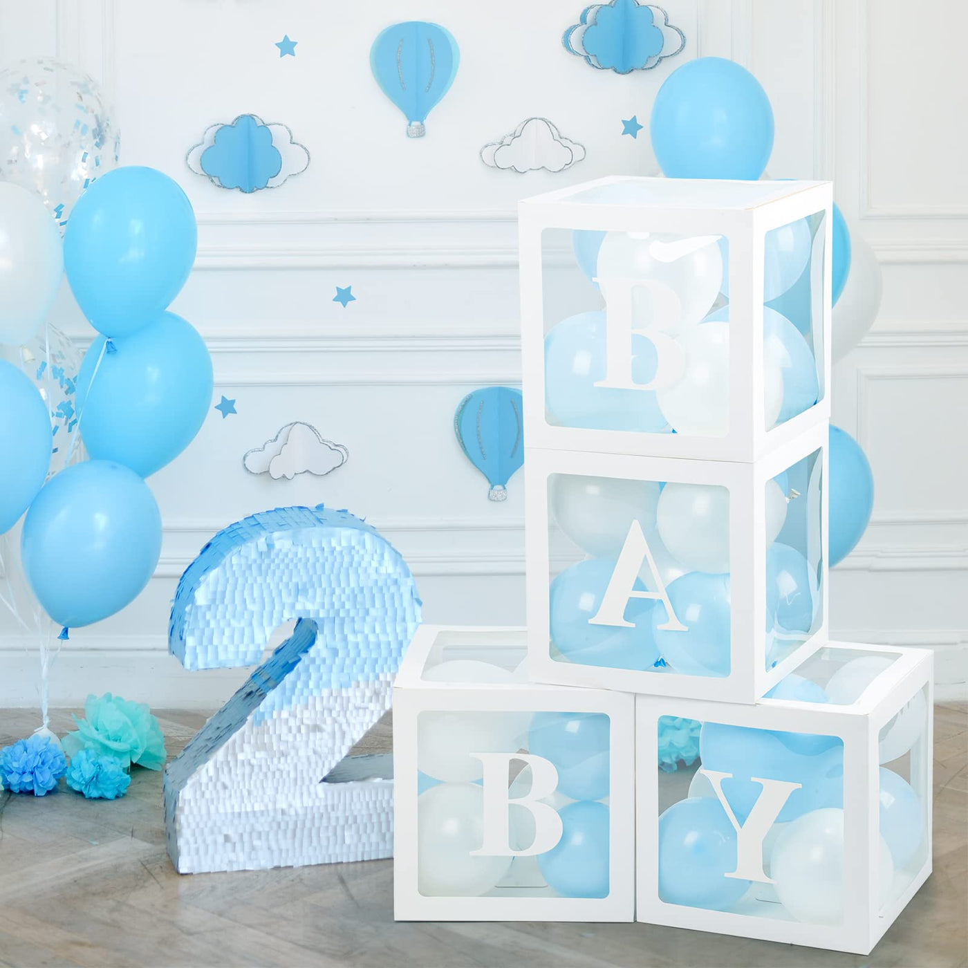 Baibi Wise Baby Boxes with Letters, 4 Transparent Balloon for Gender Reveal Birthday Wedding Baby Shower Decorations (White)