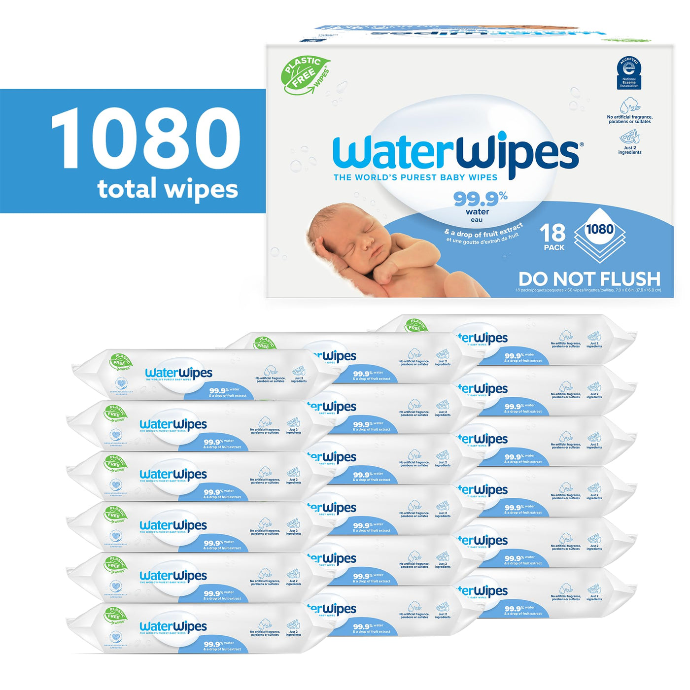 Baibi Wise WaterWipes Plastic-Free Original Baby Wipes, 99.9% Water Based Wipes, Unscented & Hypoallergenic for Sensitive Skin, 60 Count (Pack of 12), Packaging May Vary