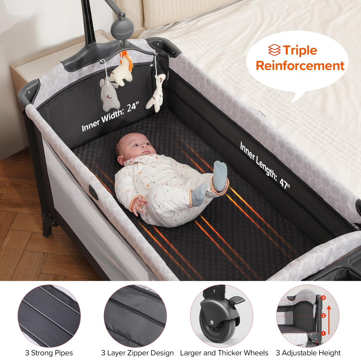 Baibi Wise 4 in 1 Wide Baby Bassinet Bedside with Diaper Changer,Long Next to Bed Crib with Mattress,Sheet,Music and Blackout Cover,Playpen Travel Bed with Storage,XL Co Sleeper with 3 Adjustable Height