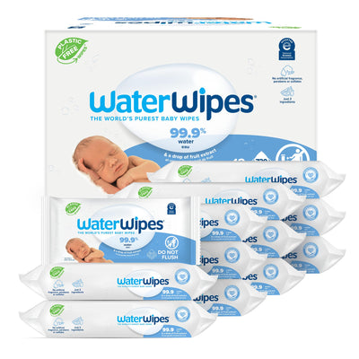 Baibi Wise WaterWipes Plastic-Free Original Baby Wipes, 99.9% Water Based Wipes, Unscented & Hypoallergenic for Sensitive Skin, 60 Count (Pack of 12), Packaging May Vary