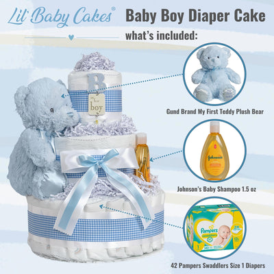 Baibi Wise Lil' Baby Cakes Boy Blue Diaper Cake - Makes a Beautiful Baby Gift - Adorable and Practical Handmade Baby Gift with 42 Swaddler Diapers Size 1-10 in x 12 in