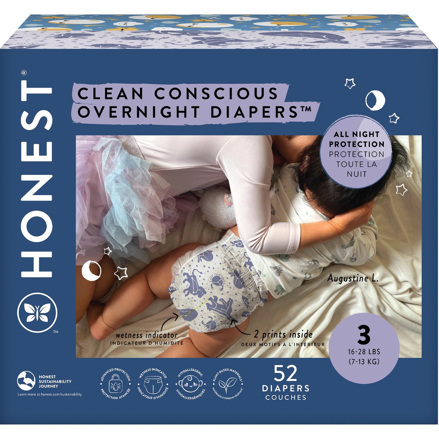 Baibi Wise Clean Conscious Overnight Diapers | Plant-Based, Sustainable | Cozy Cloud + Star Signs | Club Box, Size 6 (35+ lbs), 34 Count