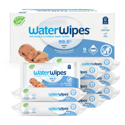 Baibi Wise WaterWipes Plastic-Free Original Baby Wipes, 99.9% Water Based Wipes, Unscented & Hypoallergenic for Sensitive Skin, 60 Count (Pack of 12), Packaging May Vary