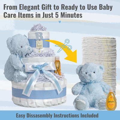 Baibi Wise Lil' Baby Cakes Boy Blue Diaper Cake - Makes a Beautiful Baby Gift - Adorable and Practical Handmade Baby Gift with 42 Swaddler Diapers Size 1-10 in x 12 in