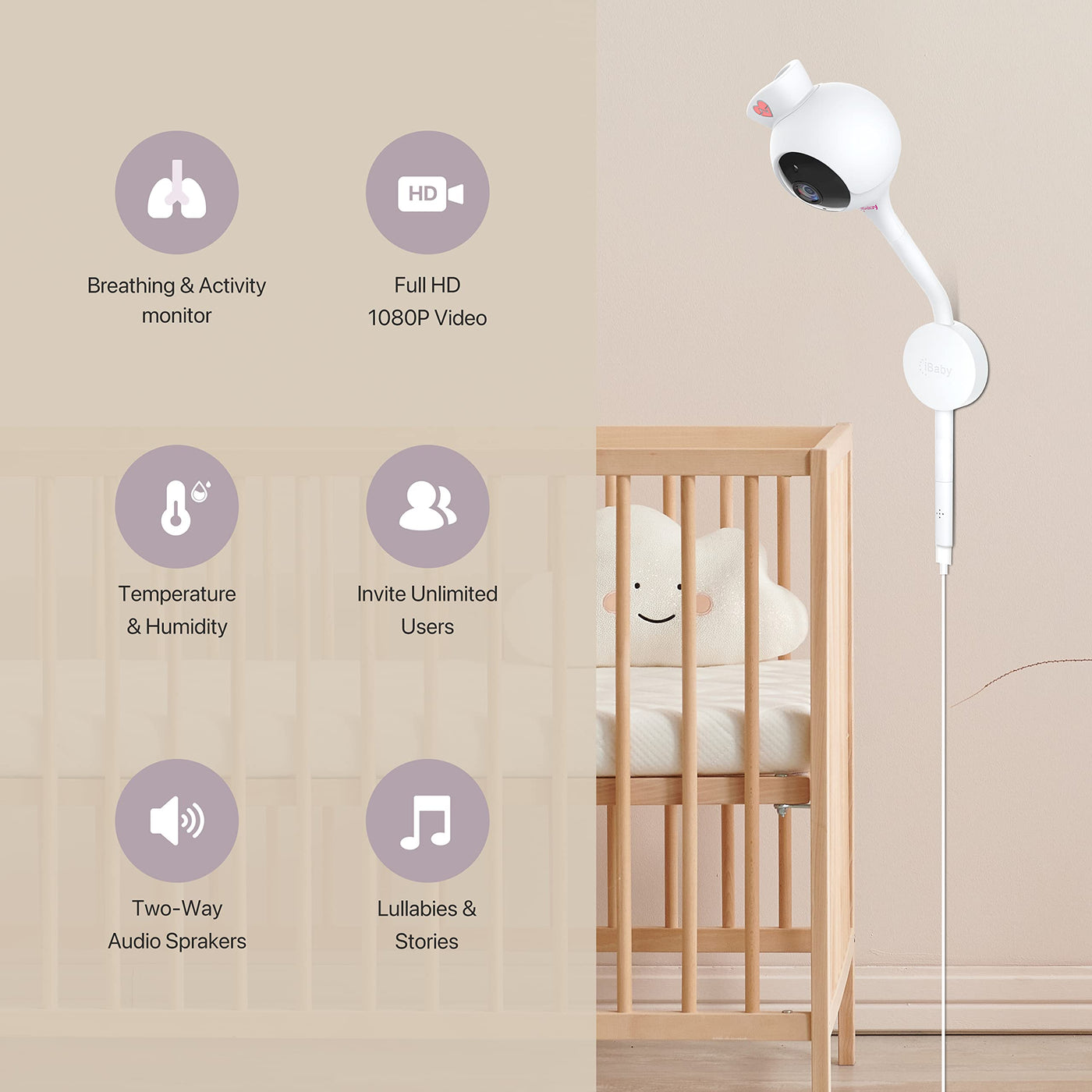 Baibi Wise Baby Breathing Monitor - with Camera and Audio, Tracking Baby's Breathing, Sleeping, Movement. i2 Wi-Fi Video Baby Monitor, Contactless, Work with Smartphone.