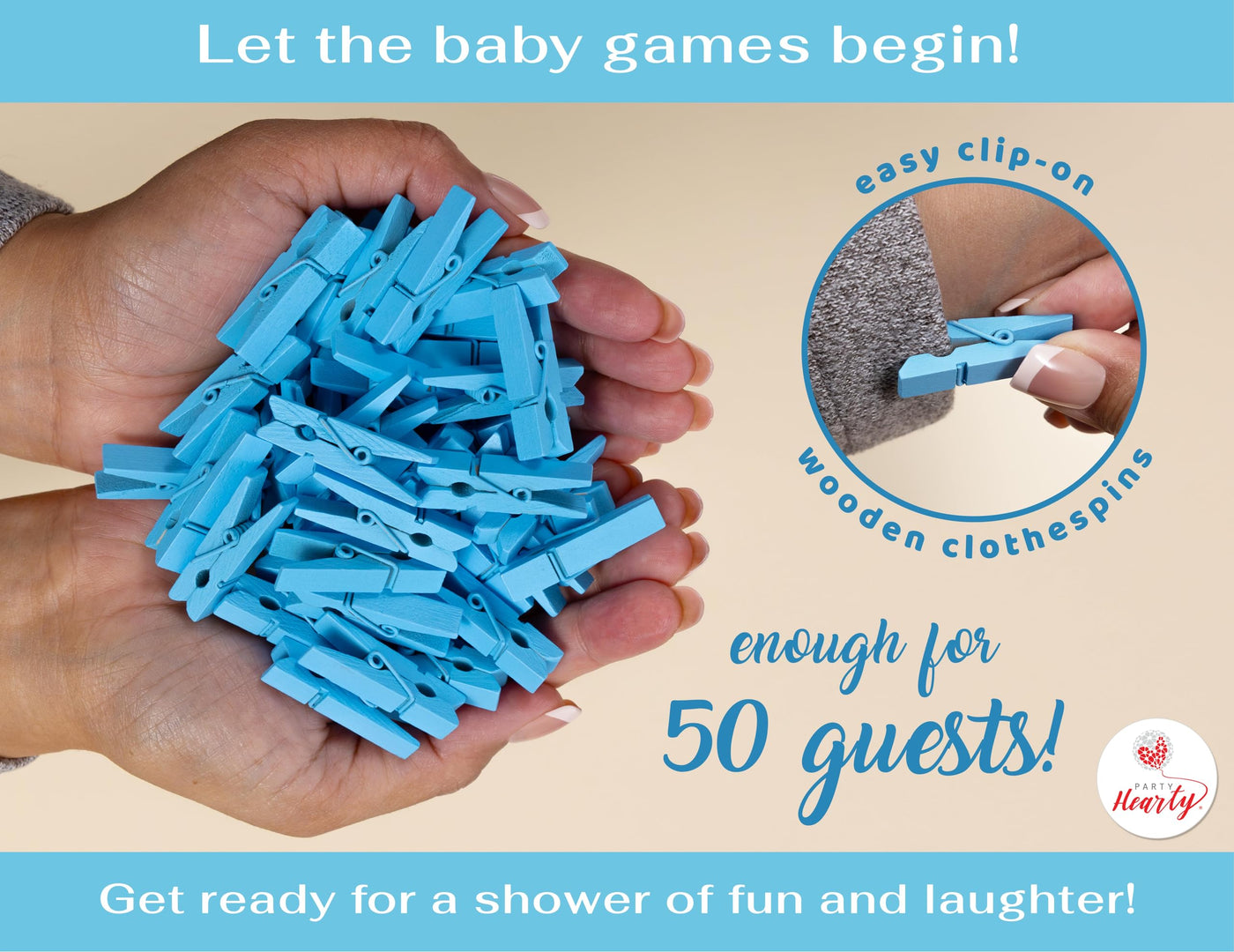 BAIBI WISE Party Hearty Baby Shower Games for Boy, Don't Say Baby Game,1 Sign and 50 Mini Blue Clothespins, Don't Say Baby Baby Shower Game, Baby Shower Ideas