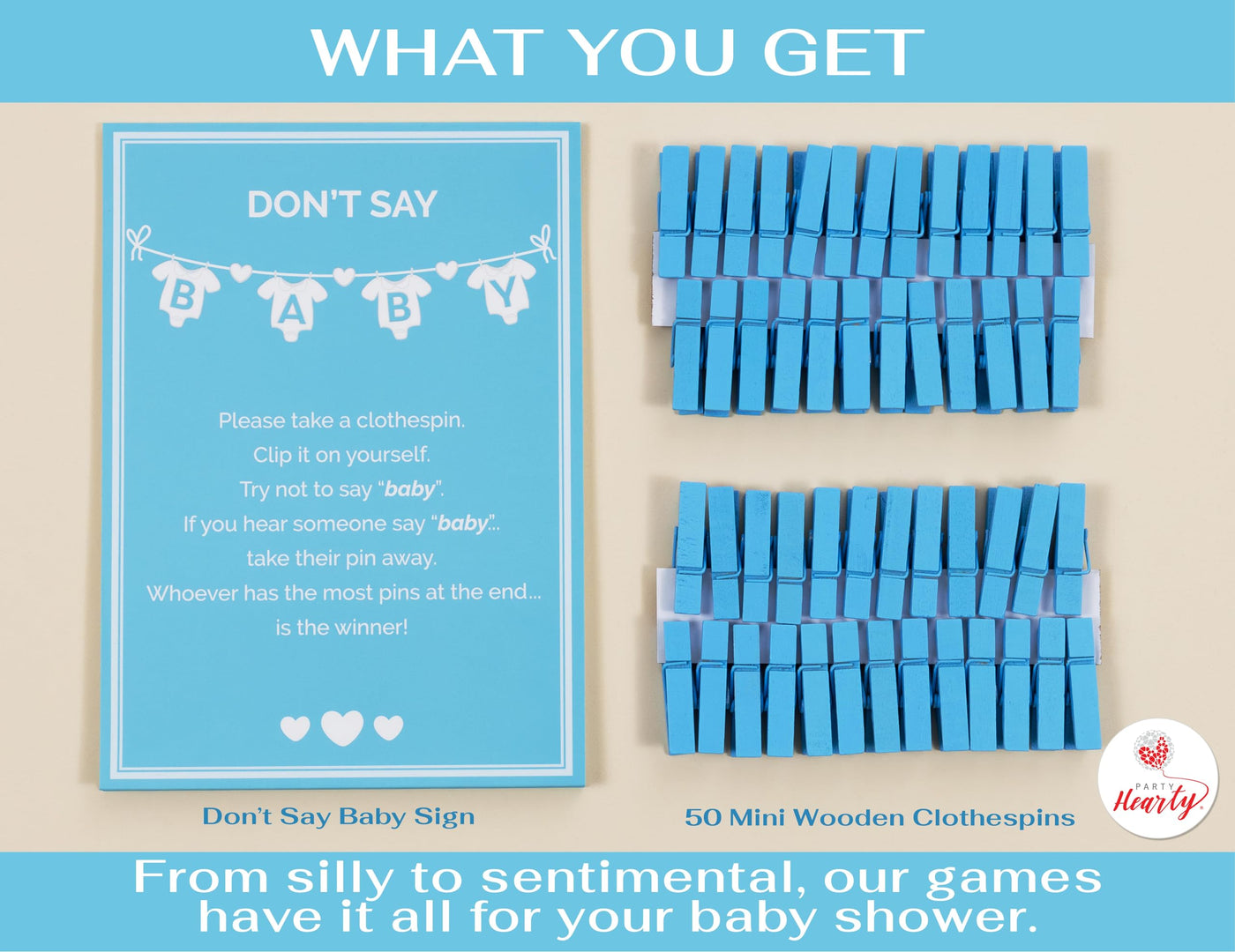 BAIBI WISE Party Hearty Baby Shower Games for Boy, Don't Say Baby Game,1 Sign and 50 Mini Blue Clothespins, Don't Say Baby Baby Shower Game, Baby Shower Ideas