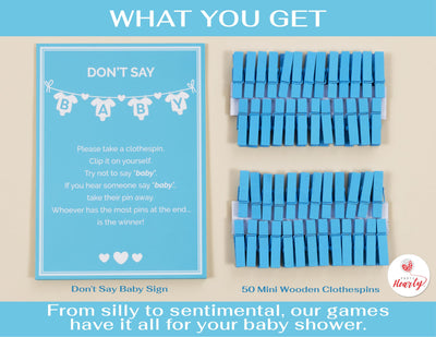 BAIBI WISE Party Hearty Baby Shower Games for Boy, Don't Say Baby Game,1 Sign and 50 Mini Blue Clothespins, Don't Say Baby Baby Shower Game, Baby Shower Ideas