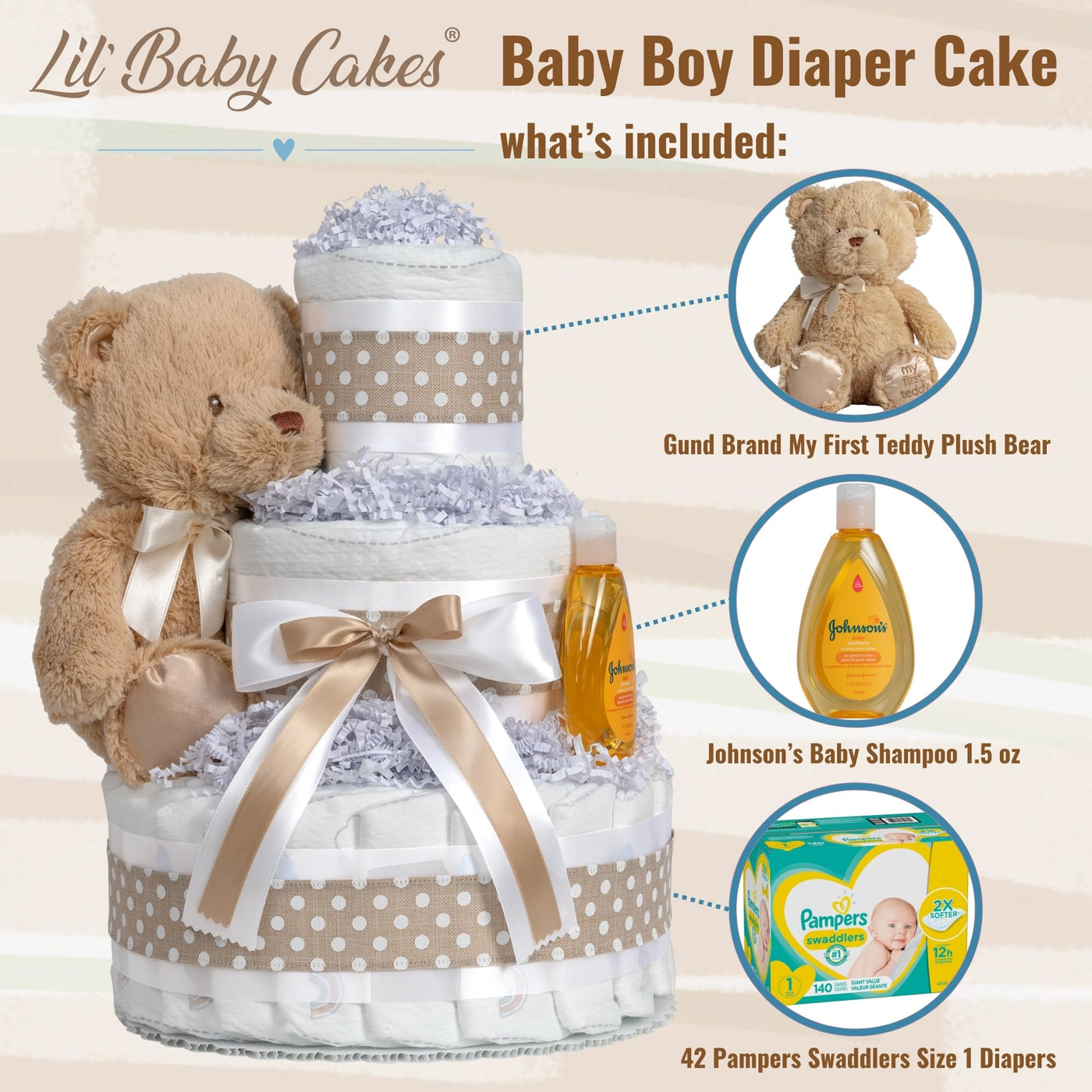 Baibi Wise Lil' Baby Cakes Boy Blue Diaper Cake - Makes a Beautiful Baby Gift - Adorable and Practical Handmade Baby Gift with 42 Swaddler Diapers Size 1-10 in x 12 in