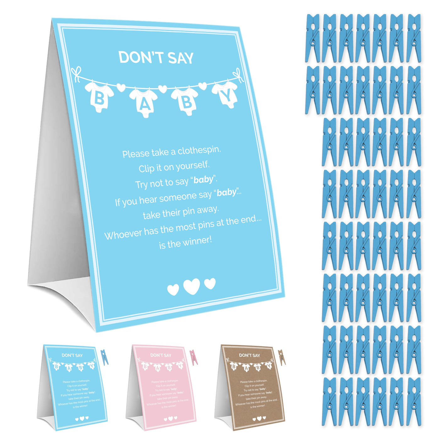 BAIBI WISE Party Hearty Baby Shower Games for Boy, Don't Say Baby Game,1 Sign and 50 Mini Blue Clothespins, Don't Say Baby Baby Shower Game, Baby Shower Ideas