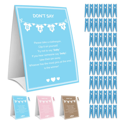 BAIBI WISE Party Hearty Baby Shower Games for Boy, Don't Say Baby Game,1 Sign and 50 Mini Blue Clothespins, Don't Say Baby Baby Shower Game, Baby Shower Ideas