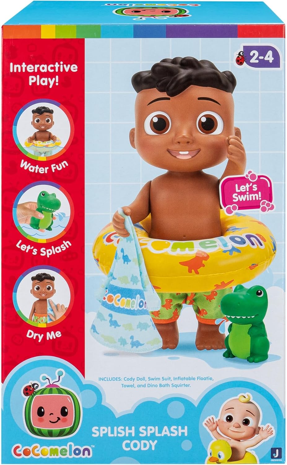 Baibi Wise CoComelon - Splish Splash Cody Doll with Dino Bath Squirter and Water Accessories - Water Play - Toys for Kids and Preschoolers - Amazon Exclusive