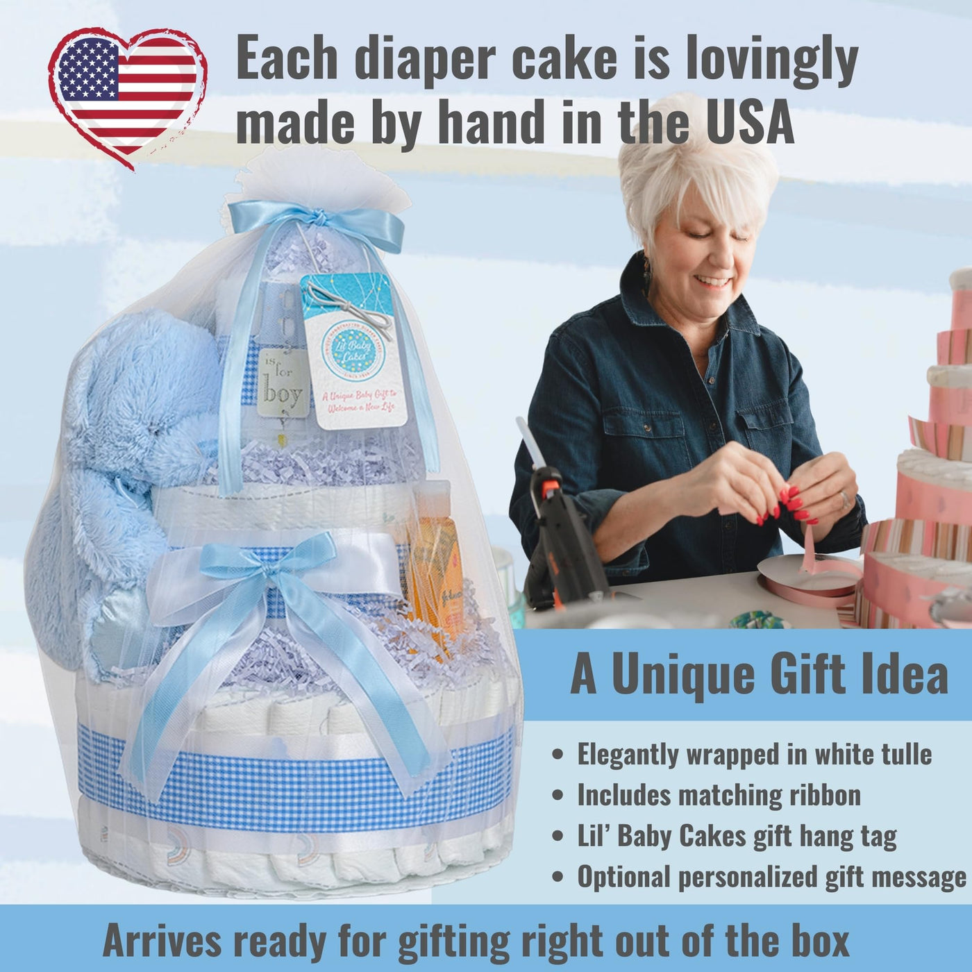 Baibi Wise Lil' Baby Cakes Boy Blue Diaper Cake - Makes a Beautiful Baby Gift - Adorable and Practical Handmade Baby Gift with 42 Swaddler Diapers Size 1-10 in x 12 in