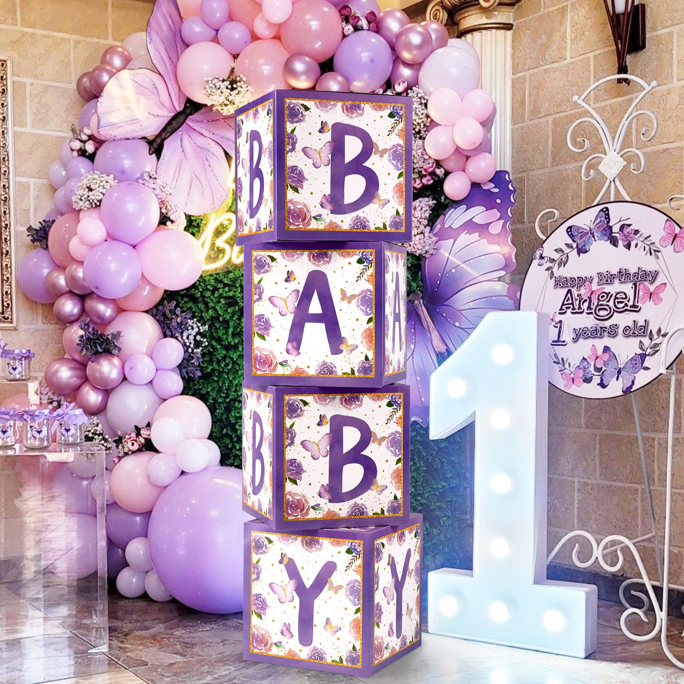 Baibi Wise Baby Boxes with Letters, 4 Transparent Balloon for Gender Reveal Birthday Wedding Baby Shower Decorations (White)